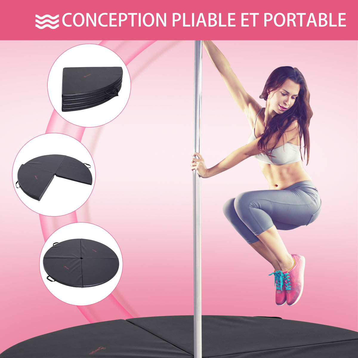 Tapis de pole dance pliable pole dance mat  Ø 150 cm épaisseur 5 cm revêtement plastique noir