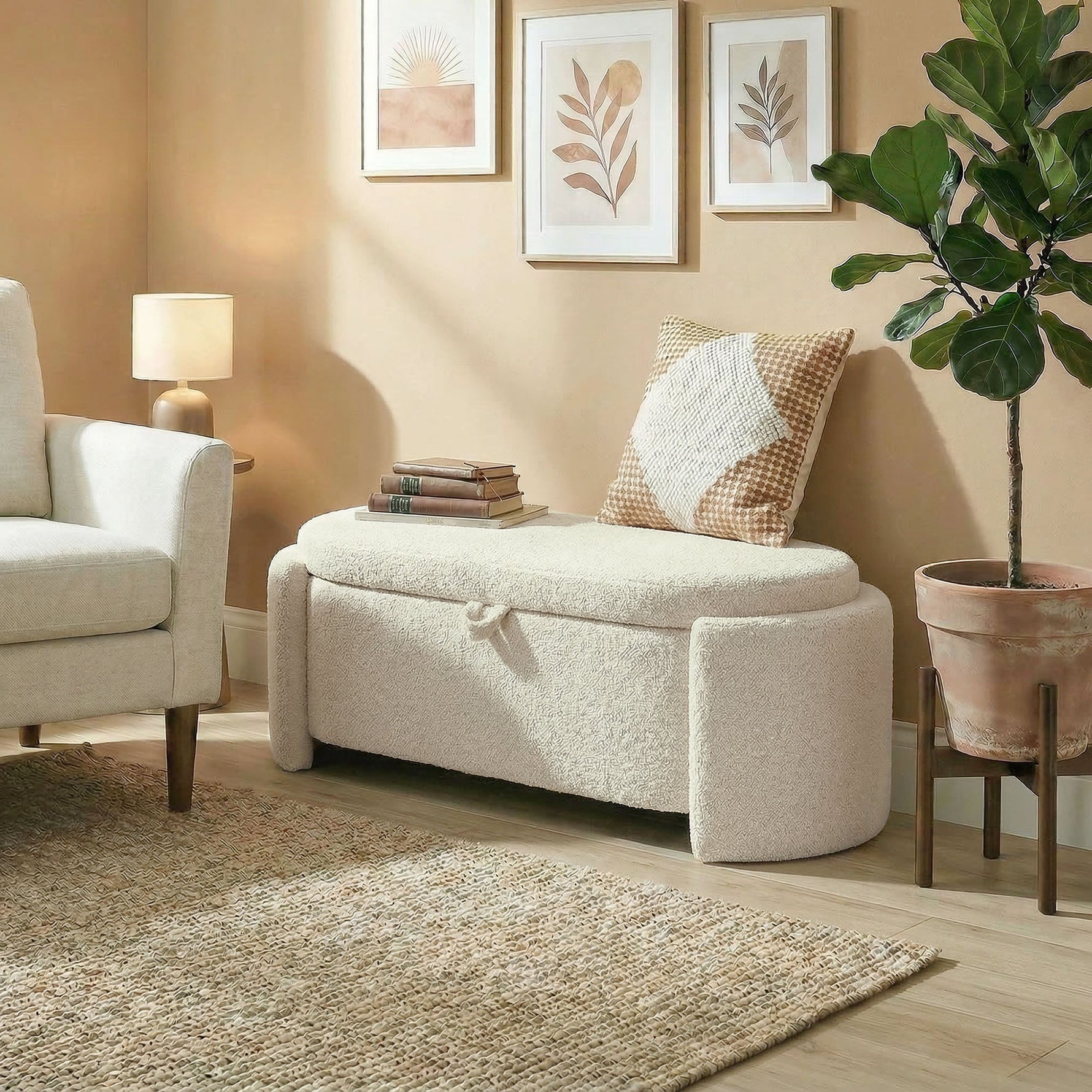 Banc de rangement, bout de lit ovale en polaire Teddy avec assise large, 129 x 48,5 x 44 cm, crème