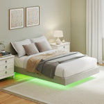 Cadre de lit flottant 140 x 190 cm avec éclairage LED, lit double rembourré en lin, sommier à lattes en bois, beige