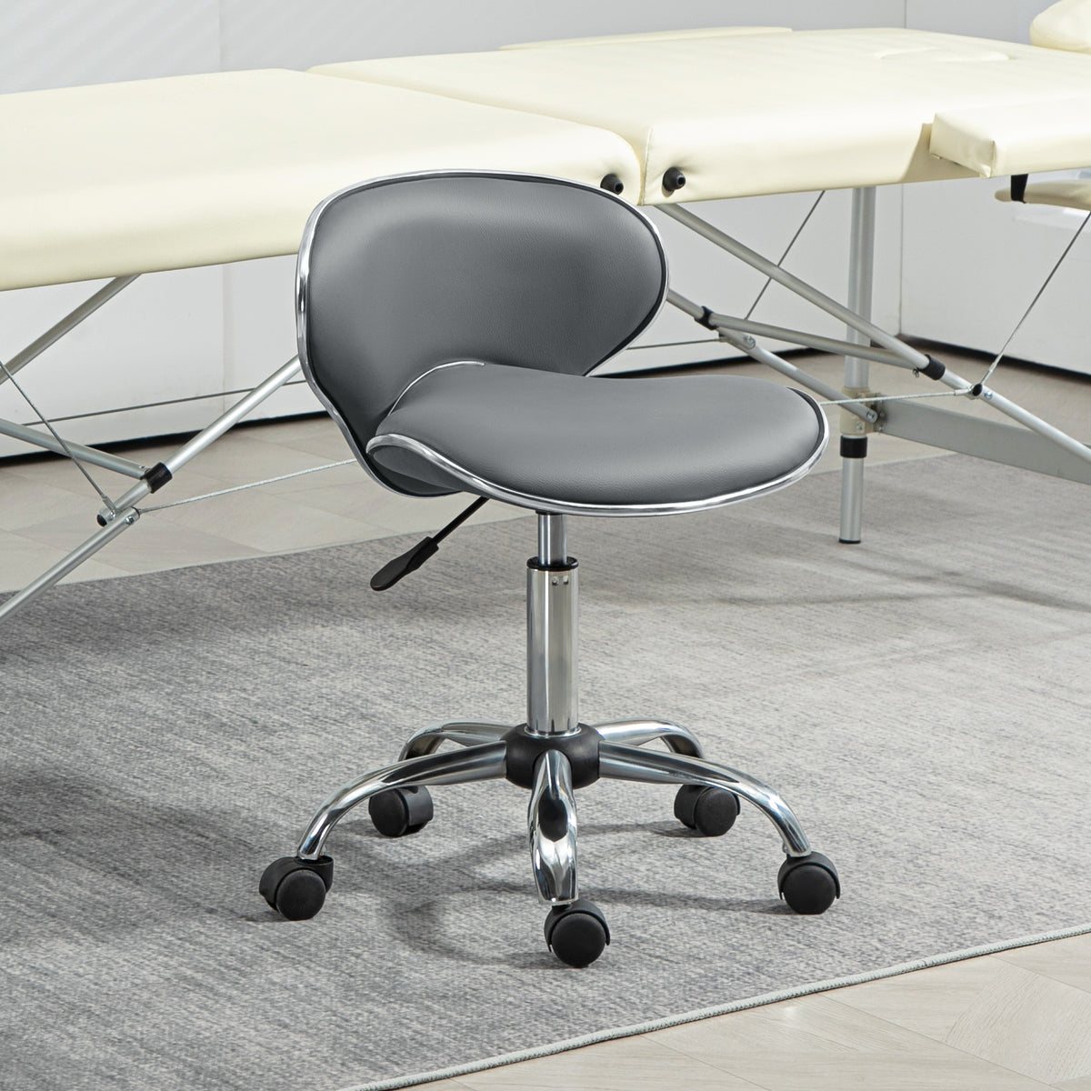 Tabouret à roulettes tabouret de travail avec hauteur réglable 44-56 cm et dossier, pivotant 360°, gris