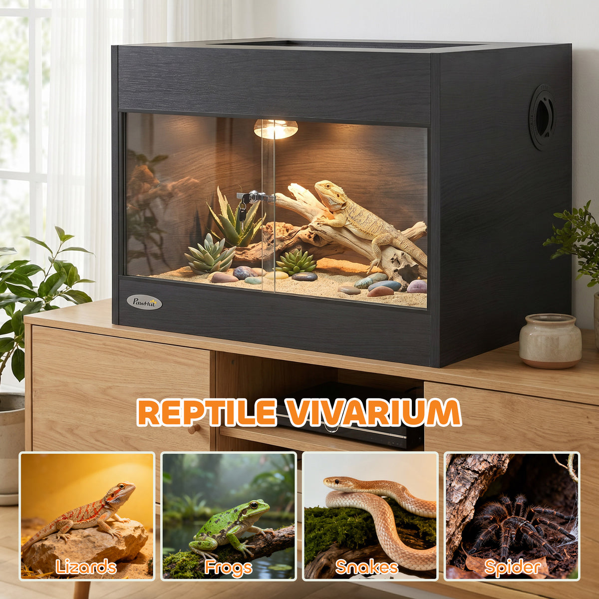 Terrarium pour Reptiles en Bois OSB, Porte en Verre Trempé, Serrure Sécurisée et Couvercle en Filet, 60x45x45cm, Noir