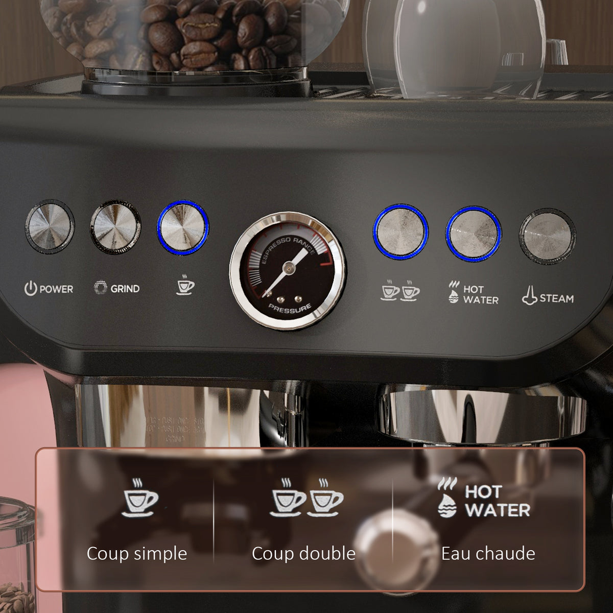 Espressomaschine 1600 W mit Mahlwerk, Dampfdüse, italienischer 15-Bar-Pumpe, 2-L-Wassertank, schwarz