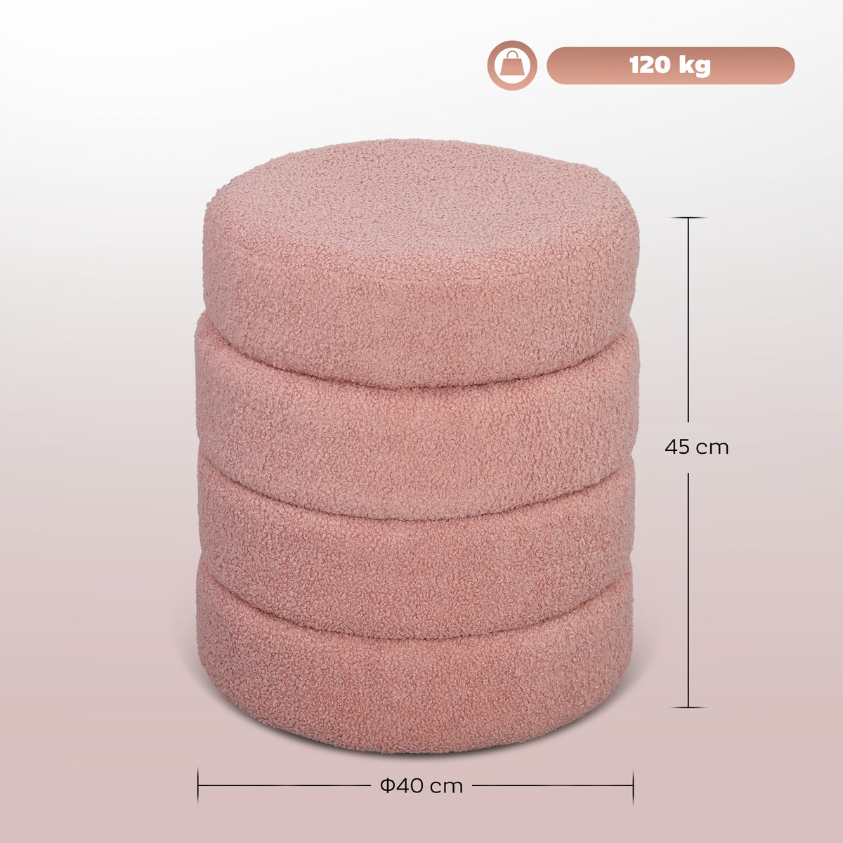 Poggiapiedi da salotto, sgabello ottomano rotondo imbottito in tessuto Teddy, per camera da letto, ingresso, Ø 40 x 45 cm, rosa