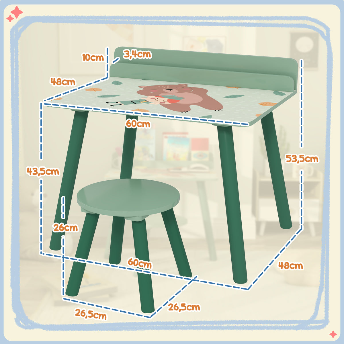 Set tavolo e sedia per bambini con portalibri, motivi orsetto, per bambini dai 3 agli 8 anni, verde
