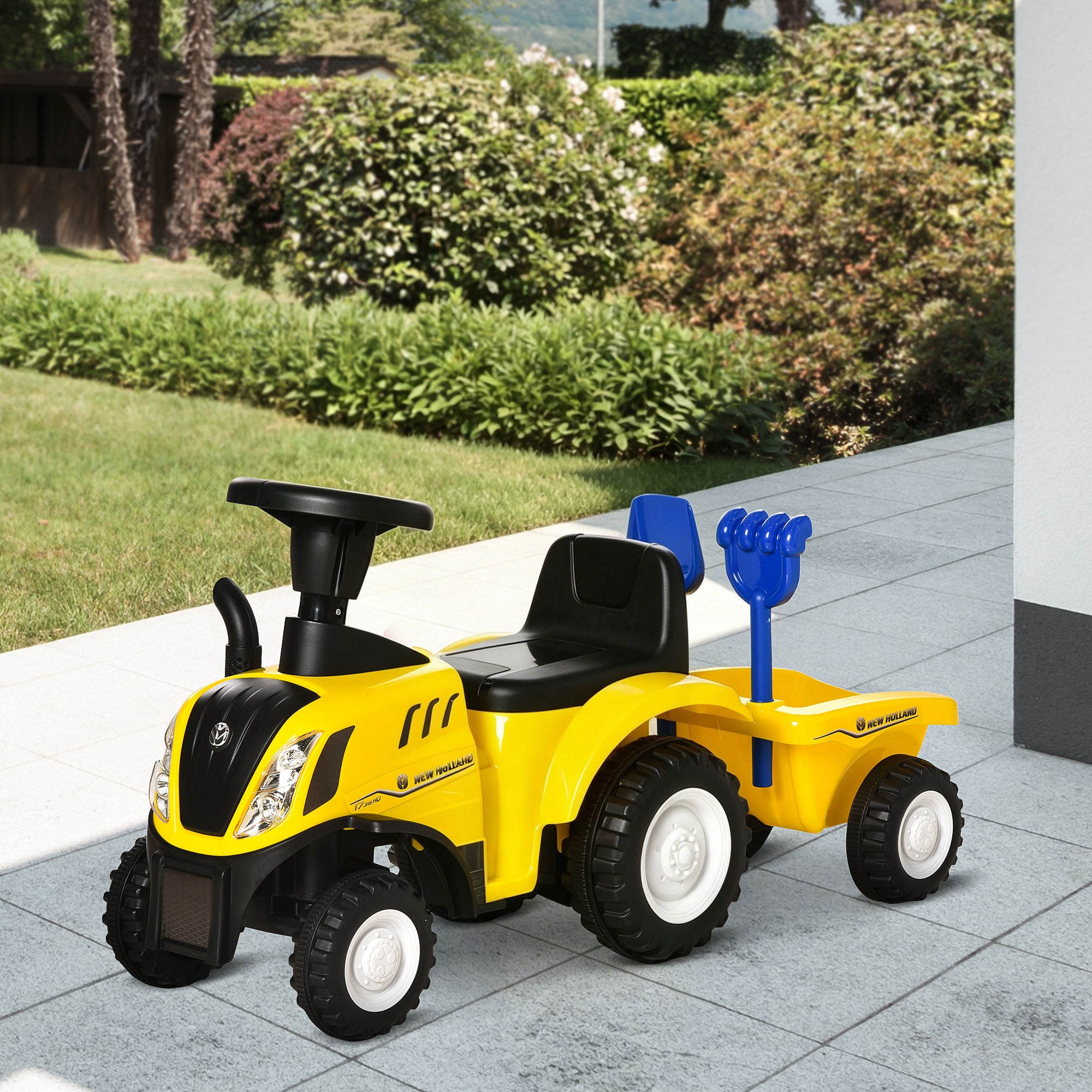 Ride-on tractor for kids with removable storage compartment, rake and shovel, kids' car with LED lights and horn, yellow
