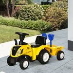 Porteur tracteur enfants avec coffre amovible, râteau et pelle, voiture enfants avec lumière LED et klaxon, jaune