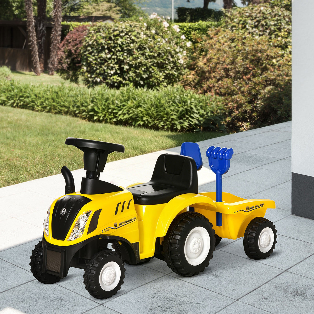 Porteur tracteur enfants avec coffre amovible, râteau et pelle, voiture enfants avec lumière LED et klaxon, jaune