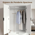 Armoire chambre penderie avec 2 portes à fermeture douce, 2 tiroirs et barre de suspension, 80x50x180cm, blanc