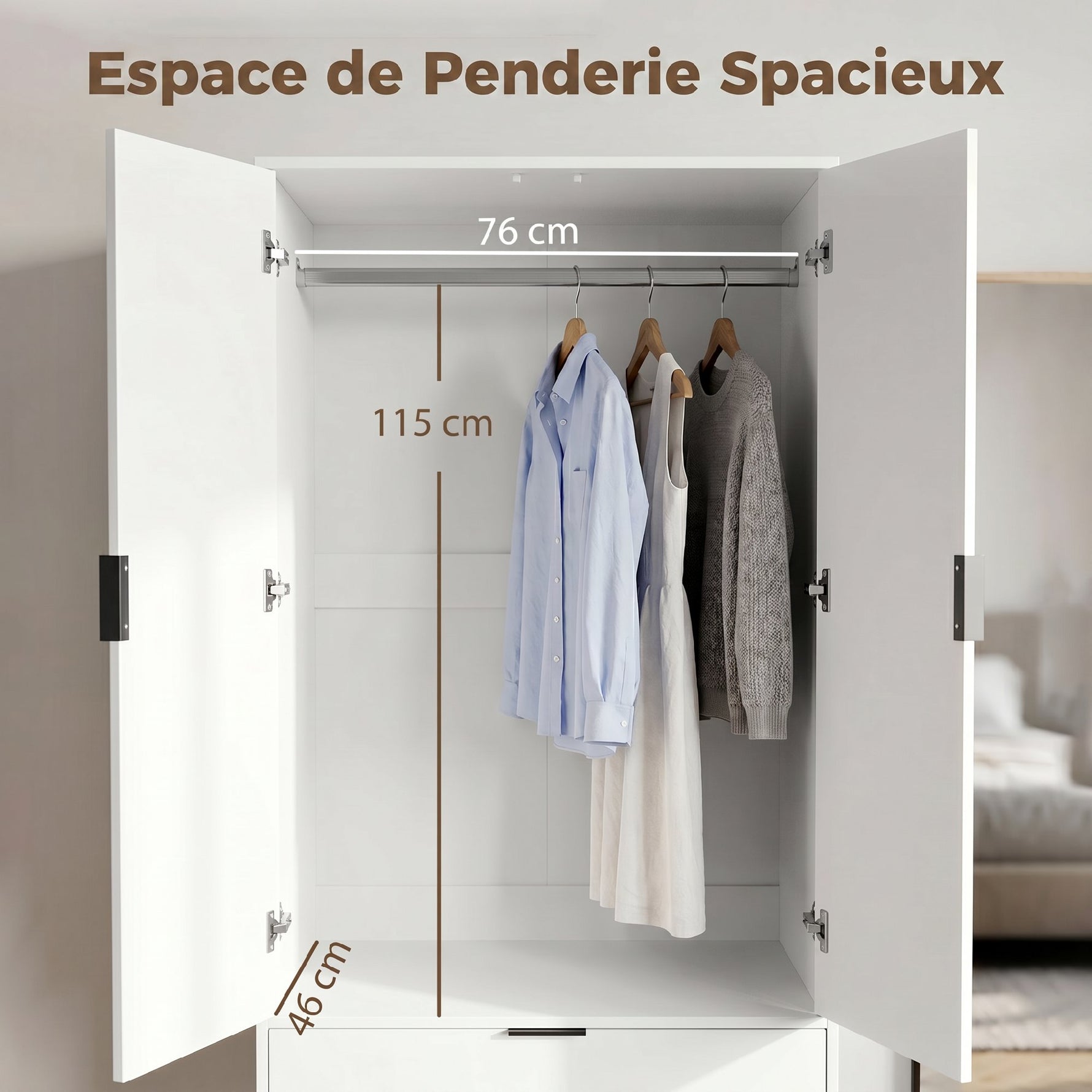 Armoire chambre penderie avec 2 portes à fermeture douce, 2 tiroirs et barre de suspension, 80x50x180cm, blanc