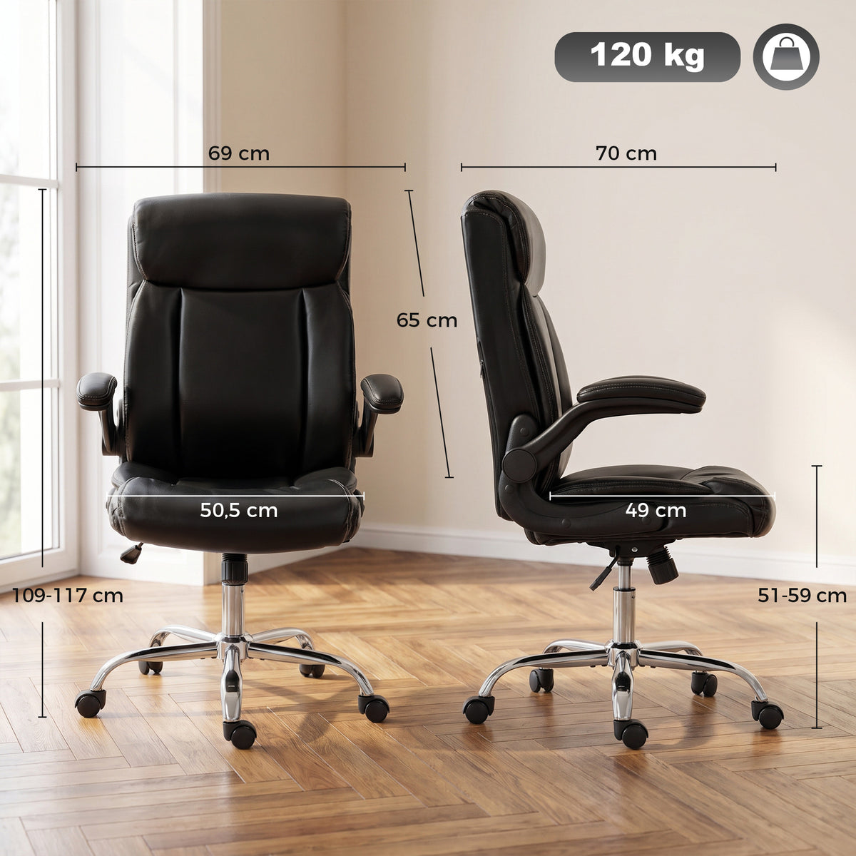 Chaise Bureau Ergonomique avec Accoudoirs Relevables, Fauteuil de Bureau en PU, Hauteur Réglable, Fonction Bascule, Noir