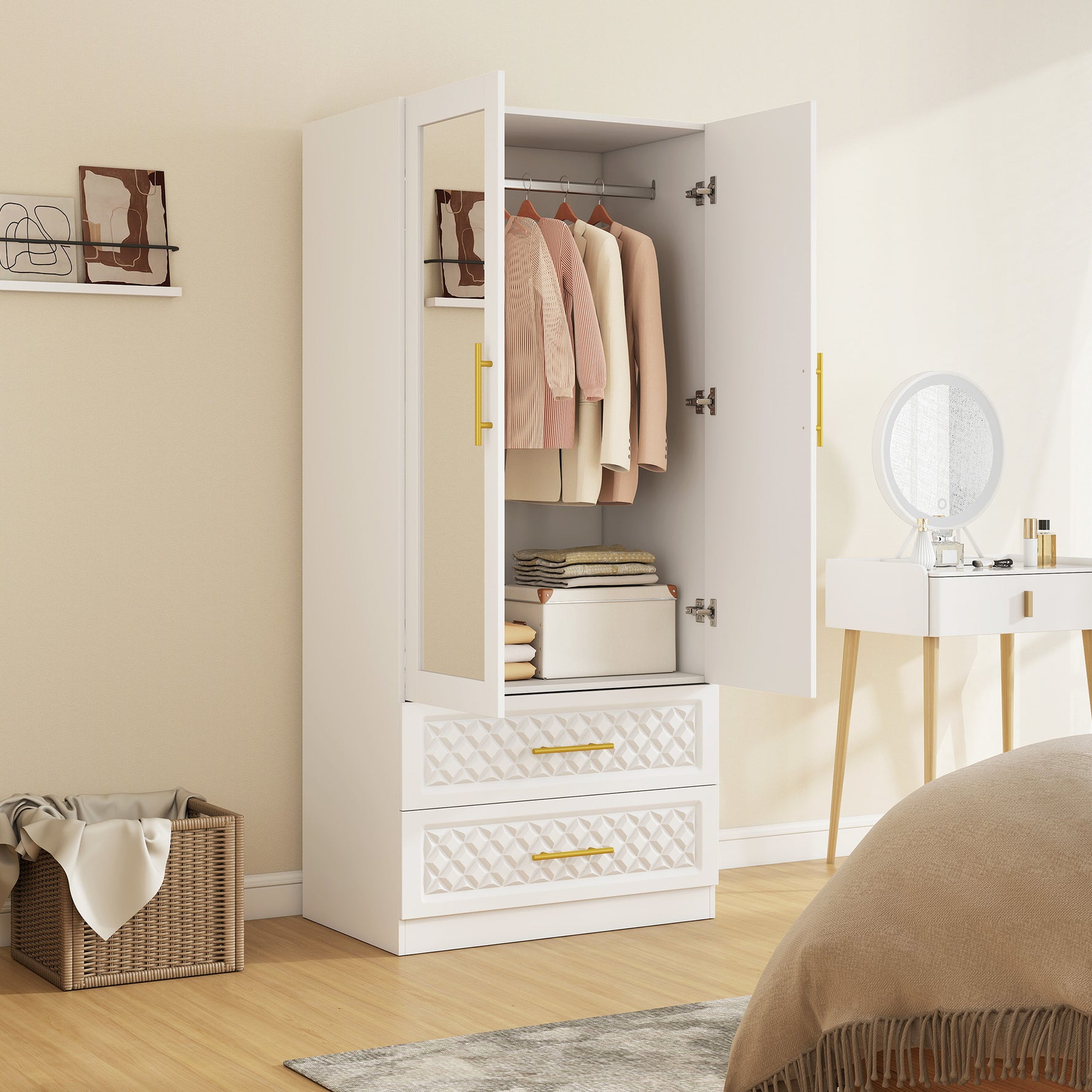 Armoire chambre penderie avec miroir, 2 tiroirs, 2 portes et barre de suspension, 80 x 50 x 180 cm, blanc