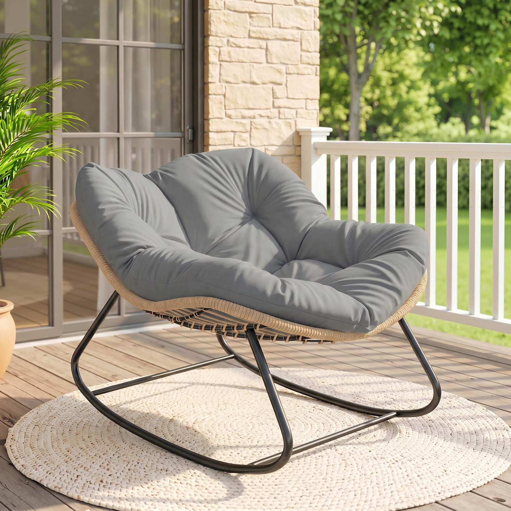 Fauteuil à Bascule Papasan Intérieur Extérieur, Chaise Ovale à Bascule Rembourrée pour Jardin, Patio, Gris
