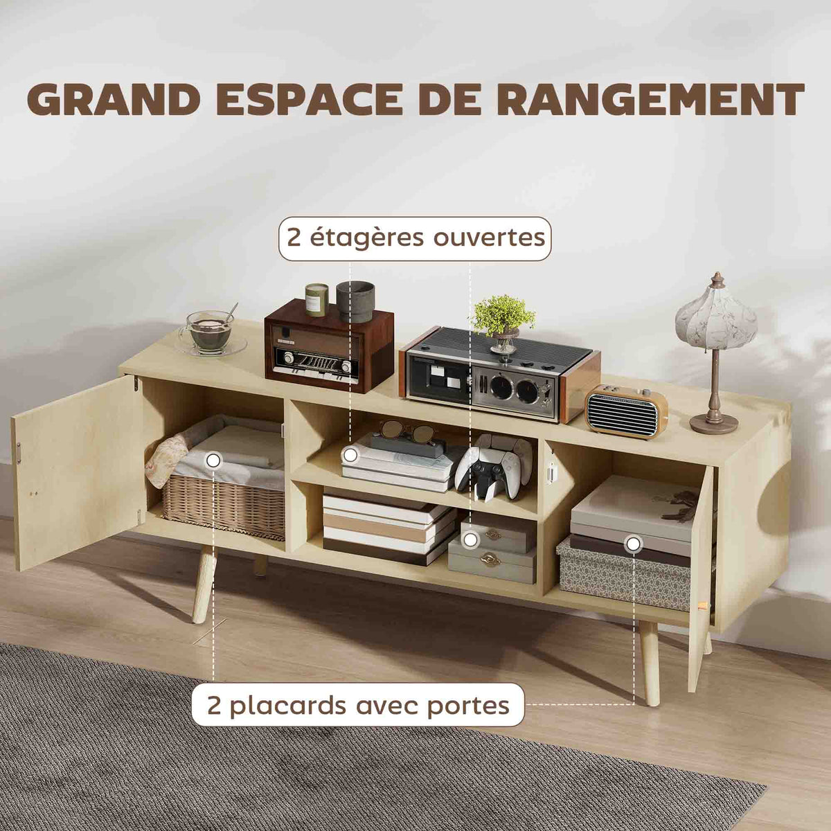 Meuble TV meuble télé pour téléviseur jusqu'à 55 pouces 2 placards et 2 étagères ouvertes 120x34x50cm effet bois naturel