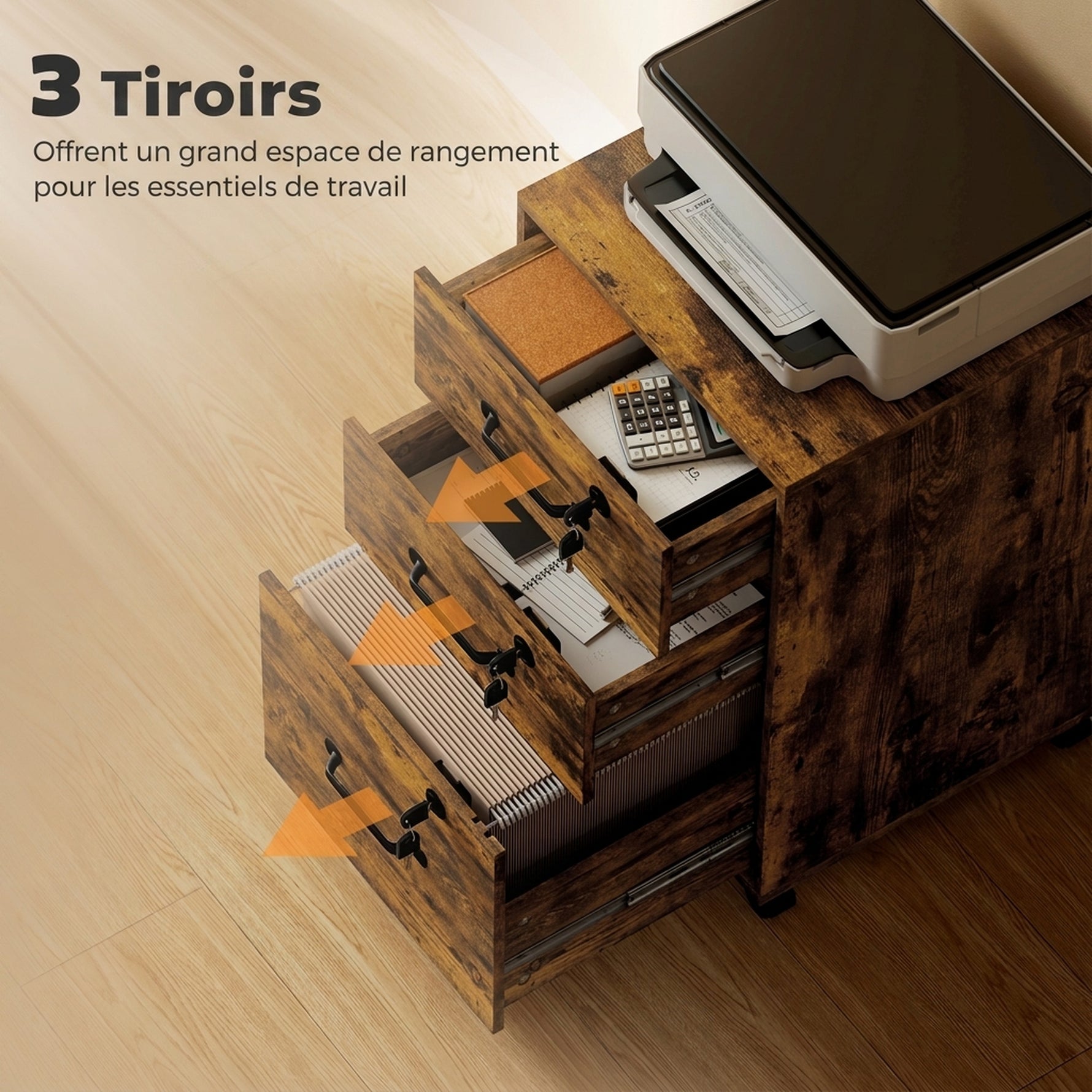 Caisson de Bureau Mobile avec 3 Tiroirs Verrouillables, Caisson de Rangement sur Roulettes, 40 x 40 x 69,5 cm, Marron