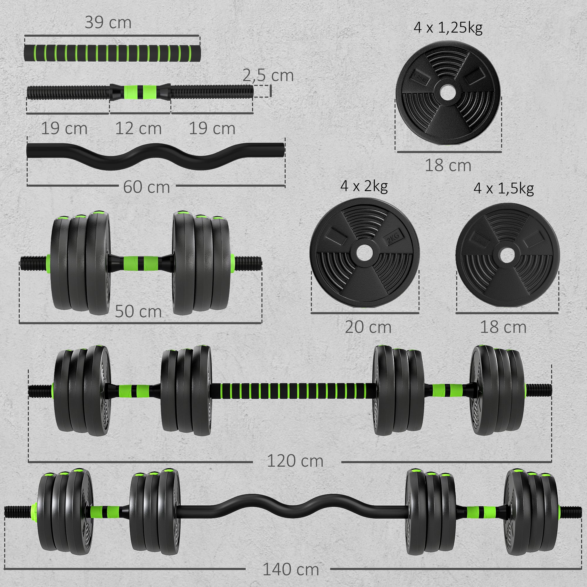 Kit haltères musculation haltères réglables 20 kg 3 en 1, ensemble de poids réglable avec barre d'extension noir
