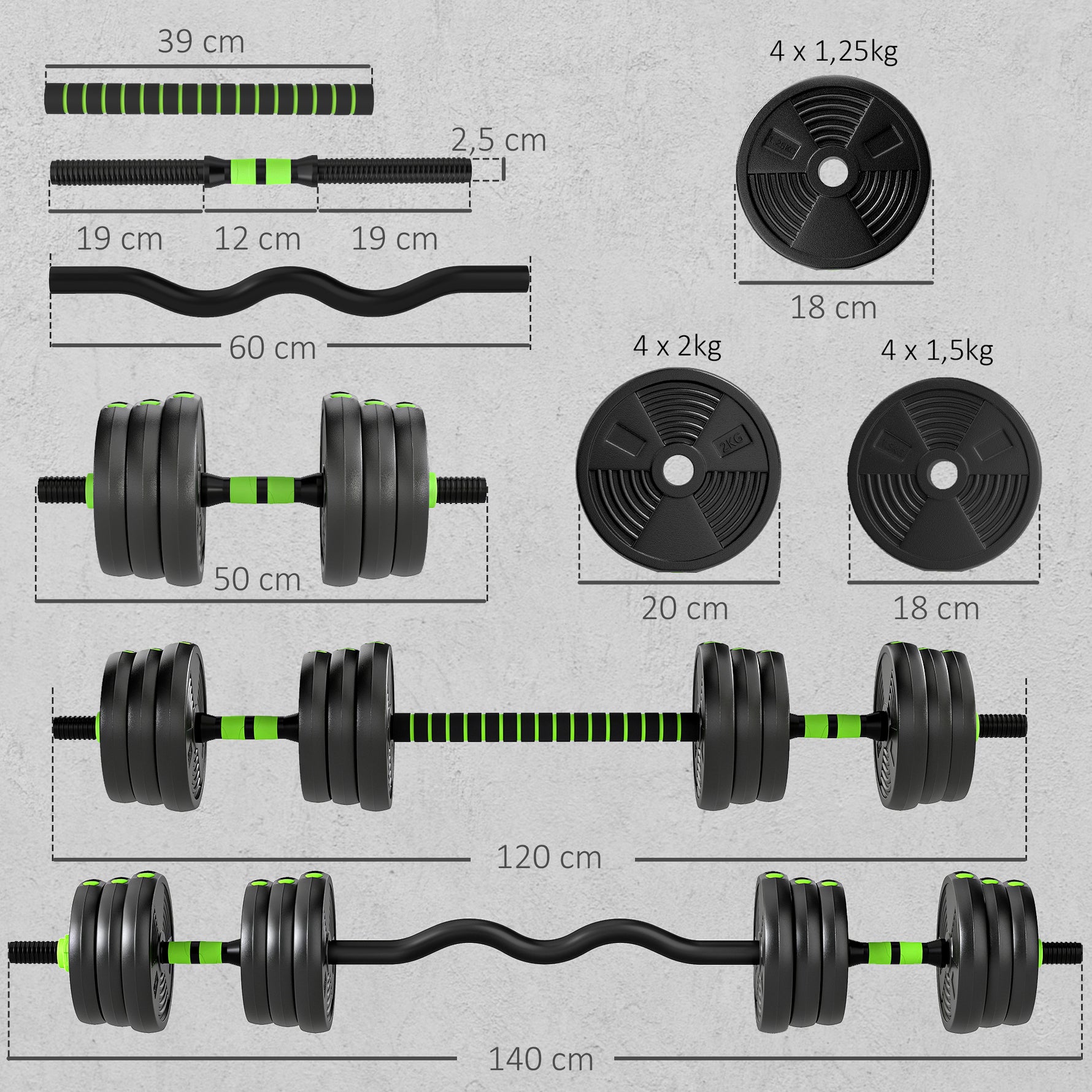 Kit haltères musculation haltères réglables 20 kg 3 en 1, ensemble de poids réglable avec barre d'extension noir