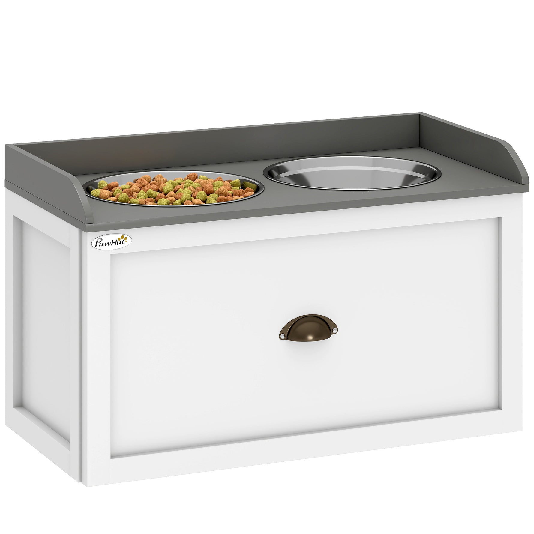Gamelle double chien chat - porte-gamelles surélevé rangement 2 en 1 - tiroir, 2 gamelles - acier inox. MDF blanc gris