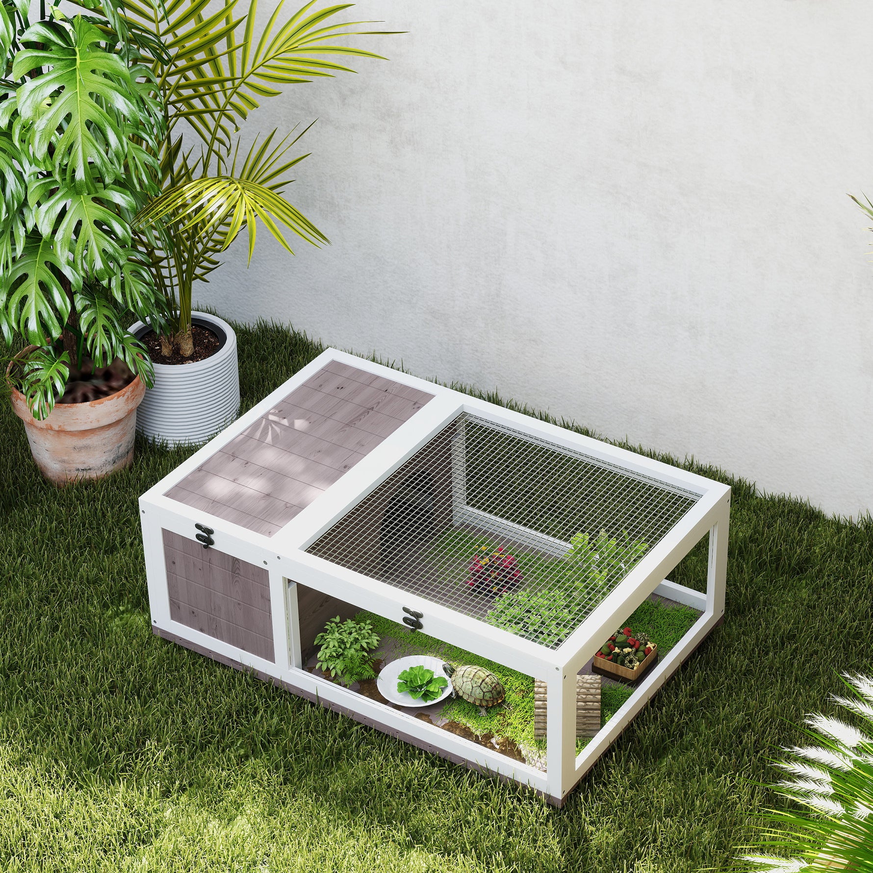 Maison enclos cage habitat pour petit animal tortues avec 2 espaces 91 x 60,5 x 32 cm bois massif marron clair