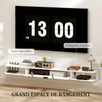 Meuble TV Suspendu, Meuble Télé pour Téléviseur jusqu'à 75 Pouces, Tiroir Rabattable, 2 Étagères, 180x24x16cm, Blanc
