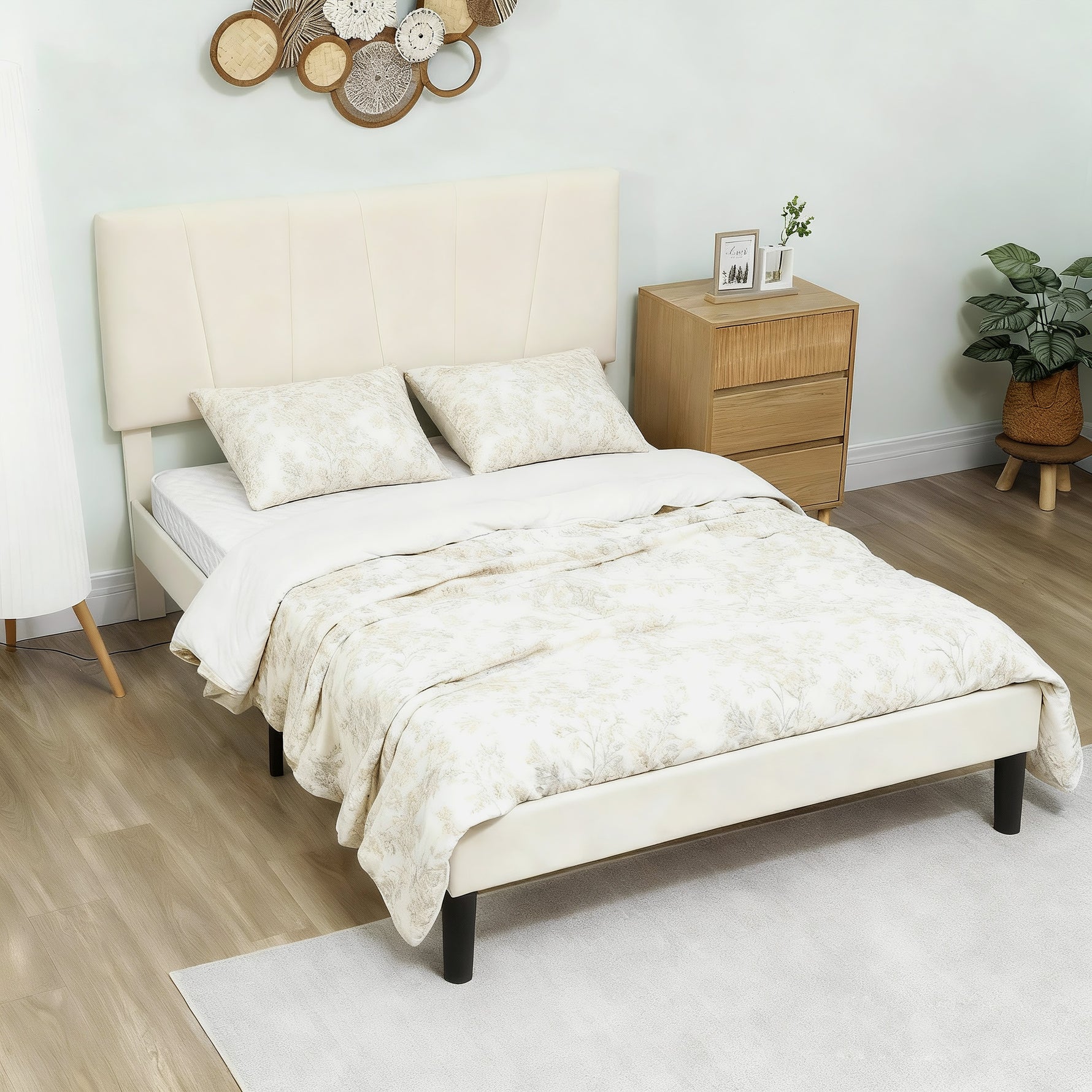 Cadre de lit double 140 x 190 cm lit 2 personnes tête de lit réglable sommier 150 x 198 x 101/106/111/116/121 cm crème