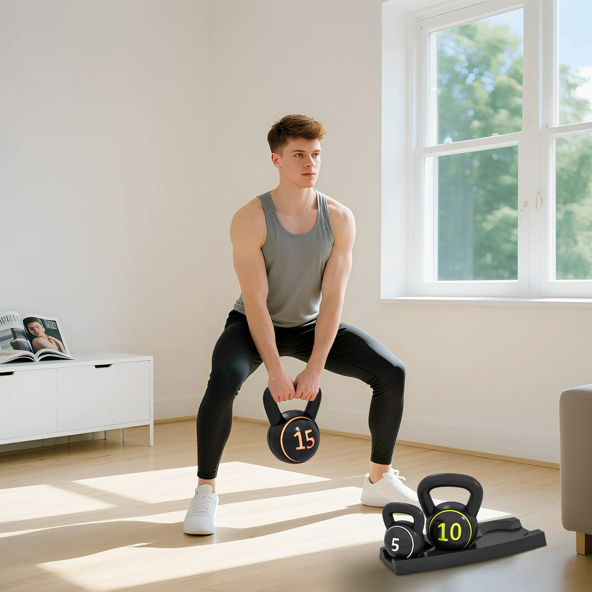 3er-Set Kettlebells, 2,2, 4,5 und 6,8 kg, rutschfester Griff für Fitness- und Sporttraining, inklusive schwarzem Ablageregal