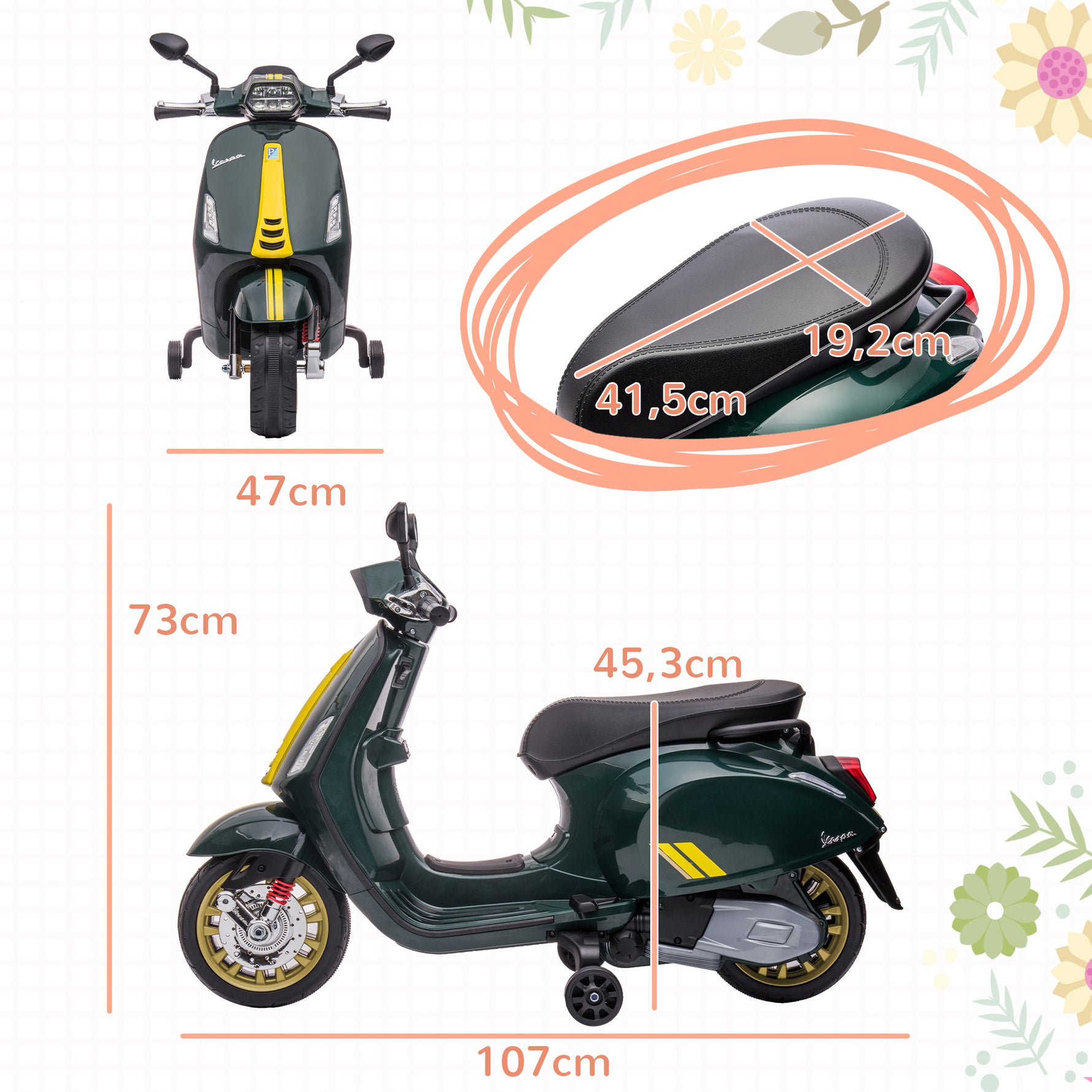Scooter électrique enfant Vespa 6 V dim. 107L x 47l x 73H cm Musique MP3 Port USB Phare 2 roues d'entraînement - Vert