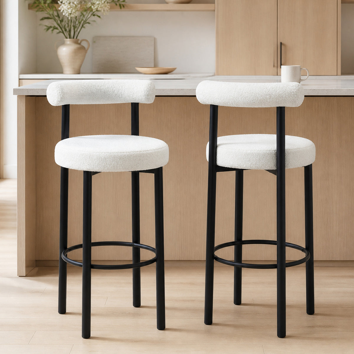 Lot de 2 tabourets de bar, chaises de bar en tissu bouclette avec dossier incurvé, repose-pieds, 50x52,5x98cm, blanc