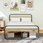 Lit double 140 x 190 cm, cadre de lit en acier style industriel, tête de lit et sommier inclus, aspect bois