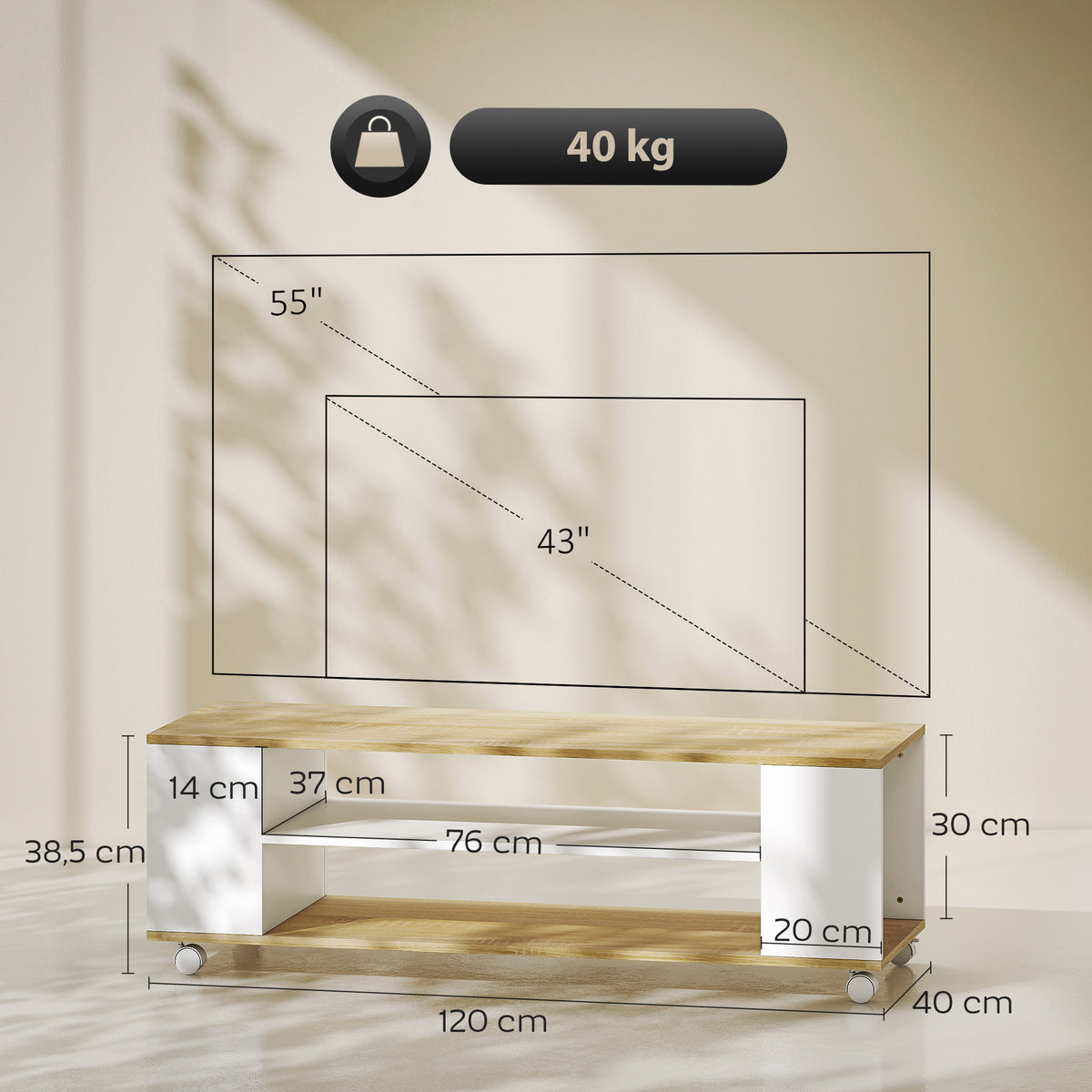 Meuble TV avec roulettes 120 cm, meuble télé pour téléviseur jusqu'à 55 pouces, 2 étagères ouvertes, blanc et naturel