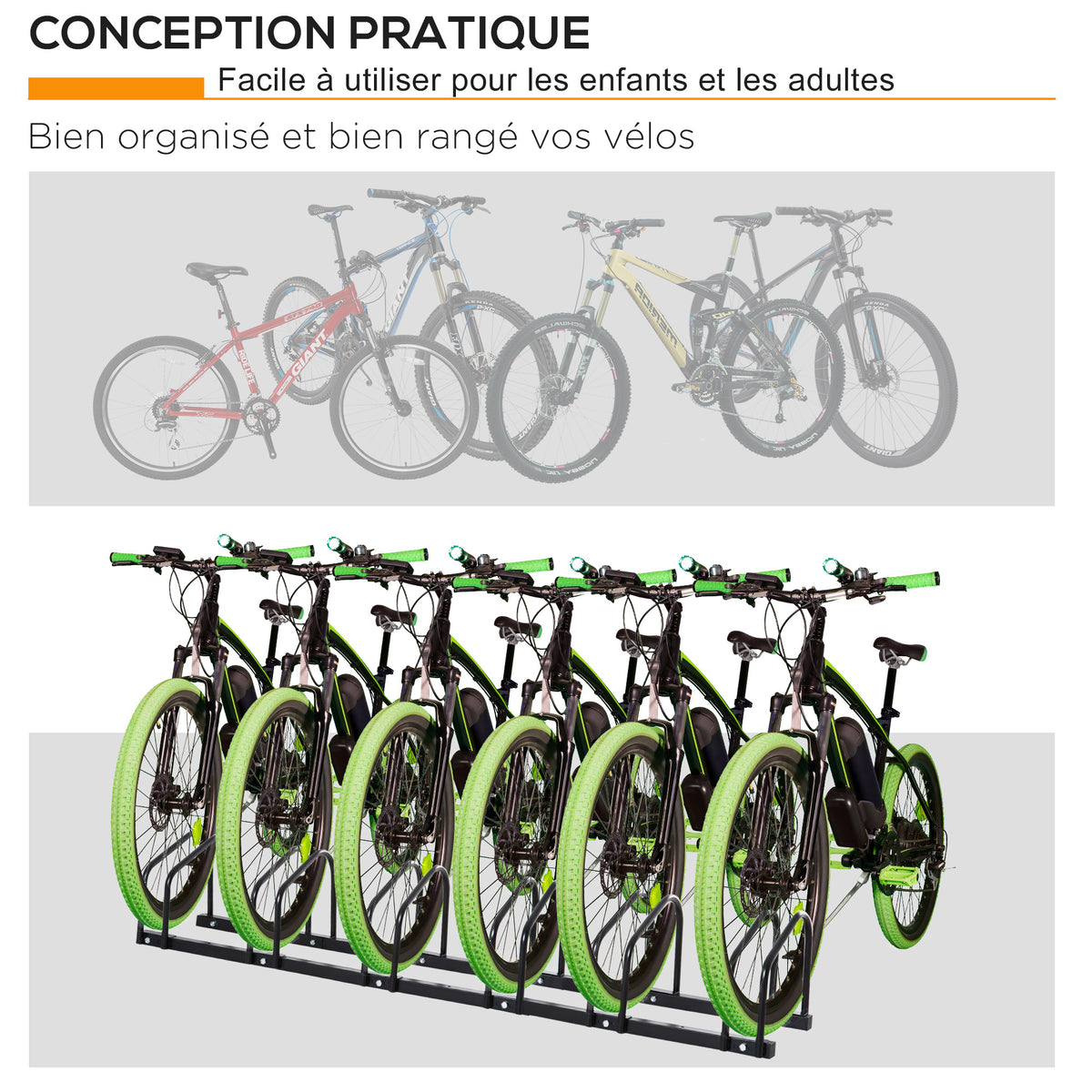 Râtelier 6 vélos range-vélos support de rangement pneu 65 mm sol ou mural pour VTT enfants BMX 179 x 33 x 27 cm acier noir