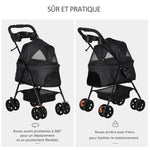 Poussette Buggy Pliable Chien Chat Panier Rangement Porte-Gobelets Tissu 300D Oxford Imperméable 4 Roues Noir