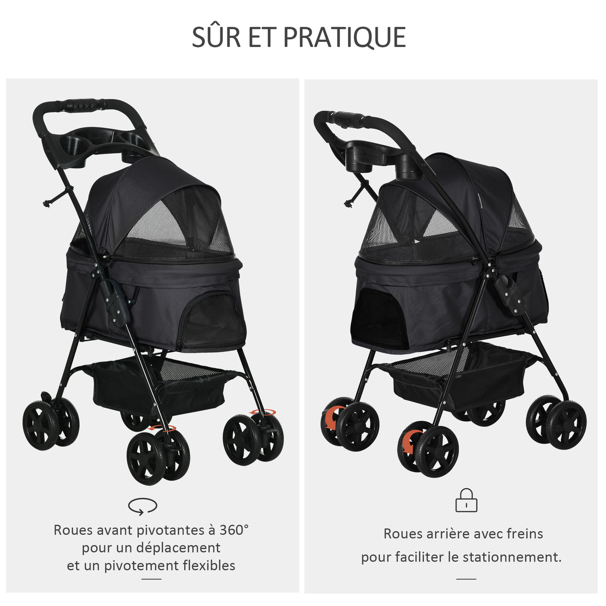 Poussette Buggy Pliable Chien Chat Panier Rangement Porte-Gobelets Tissu 300D Oxford Imperméable 4 Roues Noir