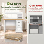 Bureau Informatique avec 3 Tiroirs, 120x55cm, Bureau avec Rangement, Étagères Ouvertes et Large Plateau, Chêne et Blanc
