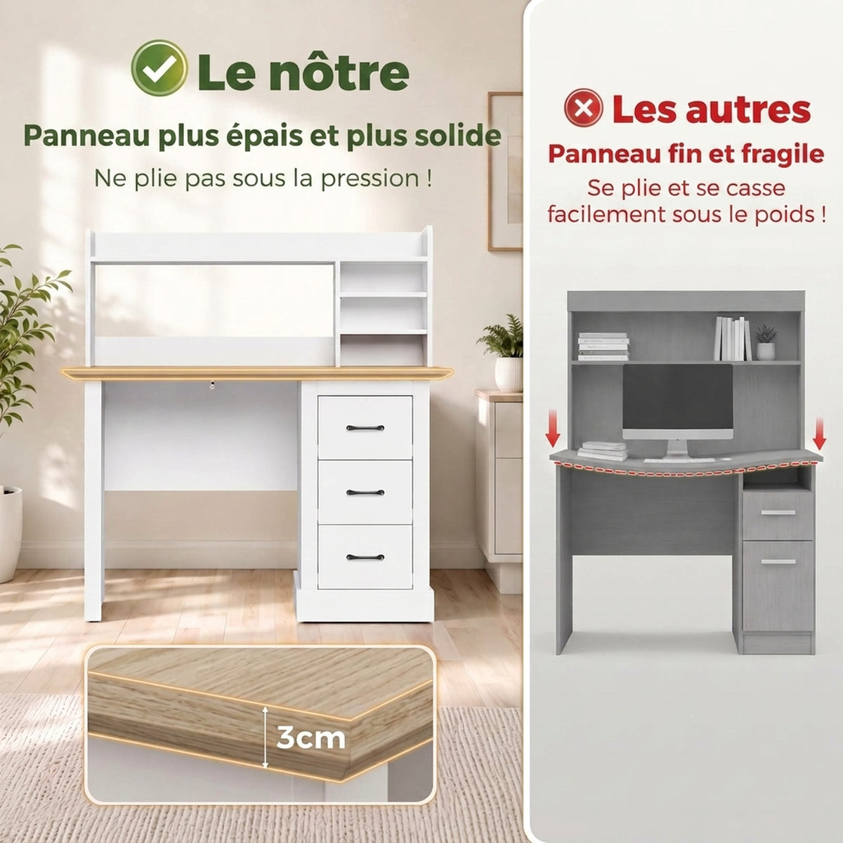 Bureau Informatique avec 3 Tiroirs, 120x55cm, Bureau avec Rangement, Étagères Ouvertes et Large Plateau, Chêne et Blanc