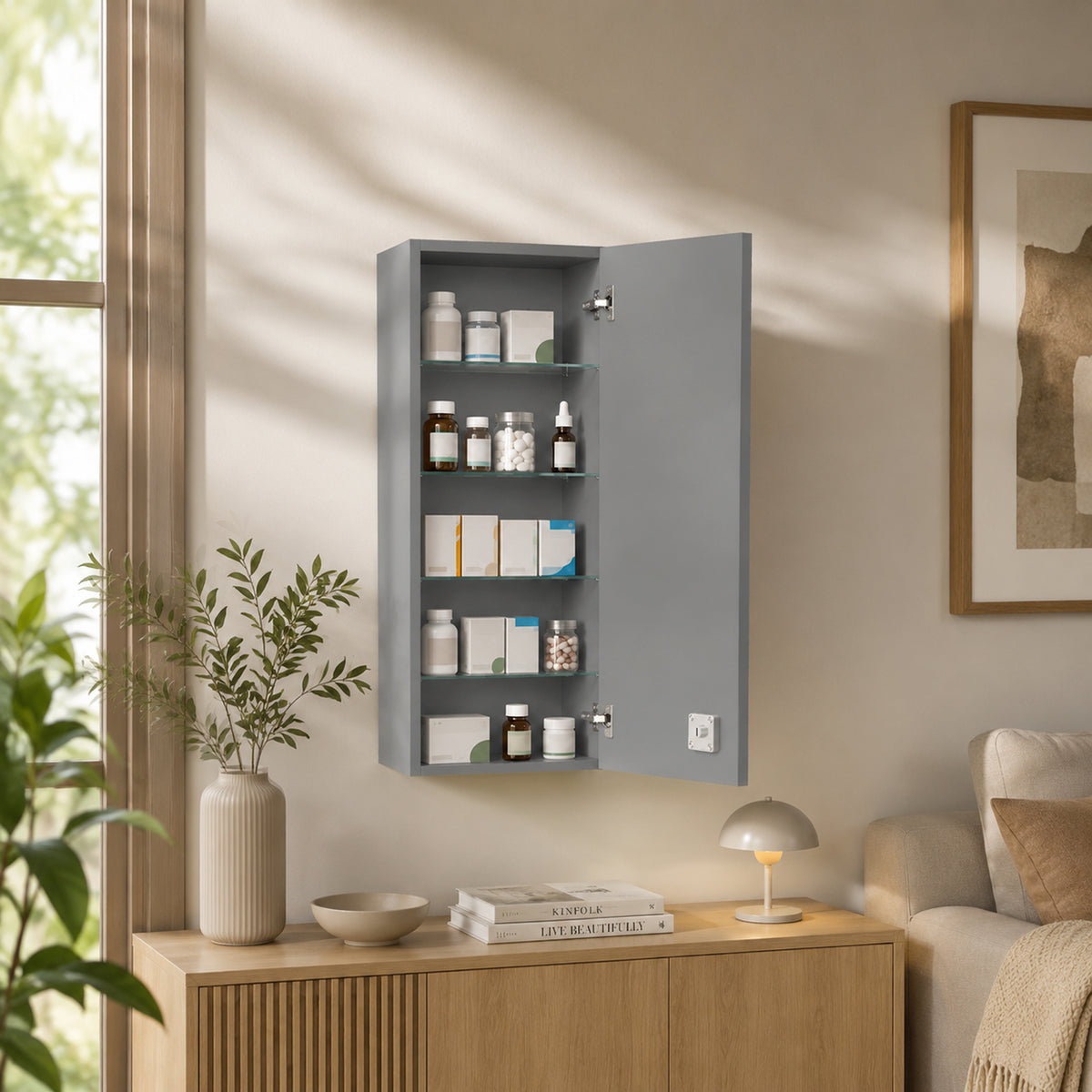 Armadietto per medicinali a muro con serratura, 5 ripiani e mensole regolabili, legno e vetro, grigio, 30x20x70cm