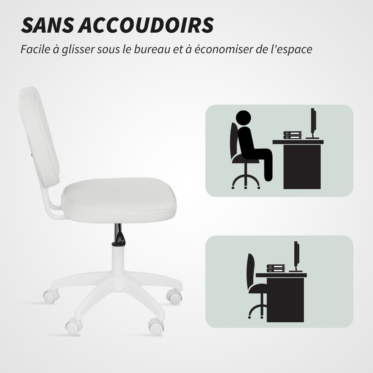 Chaise de bureau sans accoudoirs, fauteuil de bureau, hauteur réglable, pivotant 360°, 46 x 59 x 82-92 cm, blanc