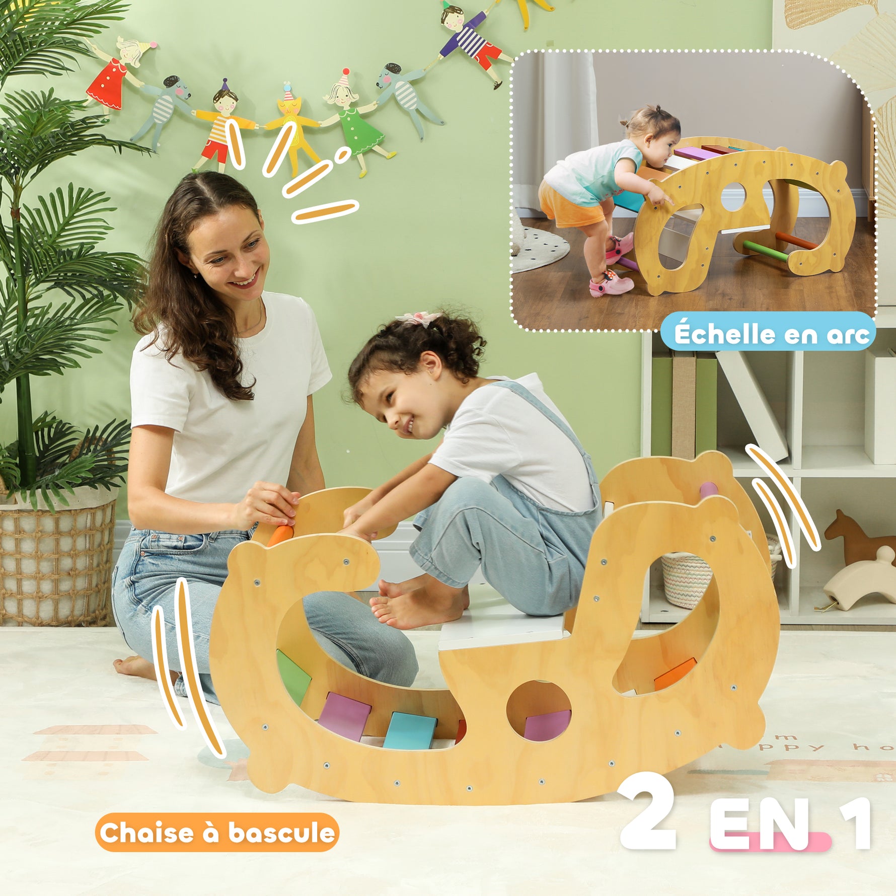 2 en 1 Arche escalade enfants 18 à 48 mois, chaise à bascule arc-en-ciel pour garçons & filles, tout-petits
