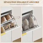 Meuble à chaussures 12 paires avec 2 tiroirs rabattables, portes cannelées et étagères réglables, 60x24x91,5cm, blanc