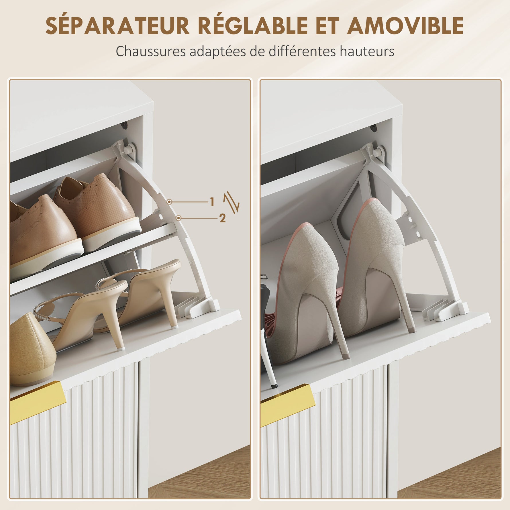 Meuble à chaussures 12 paires avec 2 tiroirs rabattables, portes cannelées et étagères réglables, 60x24x91,5cm, blanc