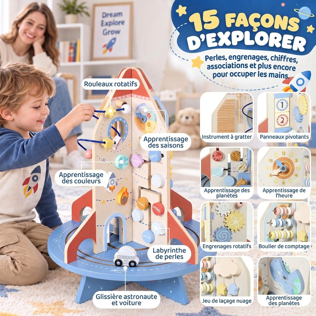 Rocket-Themed Wooden Activity Cube, Educational Cube with Shape Sorter and Bead Maze, for Ages 2 to 6