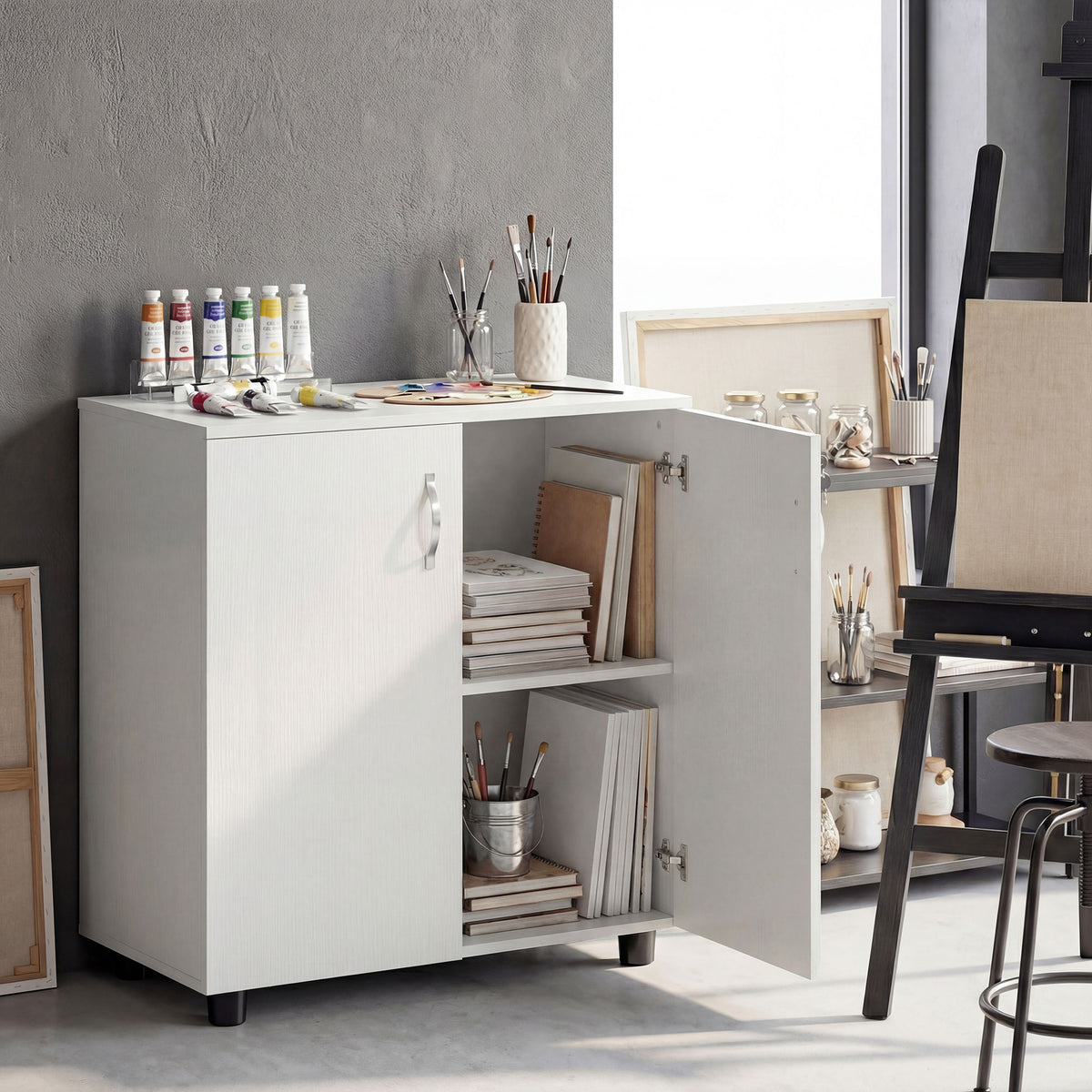 Armoire de bureau à 2 niveaux, meuble de rangement bureau avec 2 portes, serrures et clés, 80x40x80cm, blanc