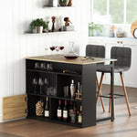 Table de bar extensible avec abattant, table haute cuisine, 1 placard et 4 compartiments ouverts, 116x79,6x90,5cm, noir