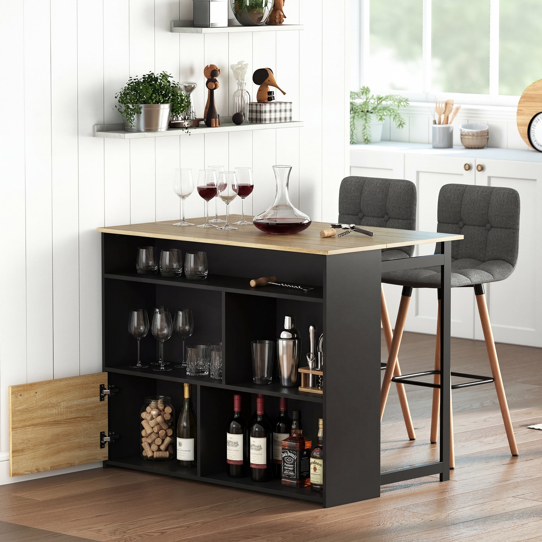 Table de bar extensible avec abattant, table haute cuisine, 1 placard et 4 compartiments ouverts, 116x79,6x90,5cm, noir