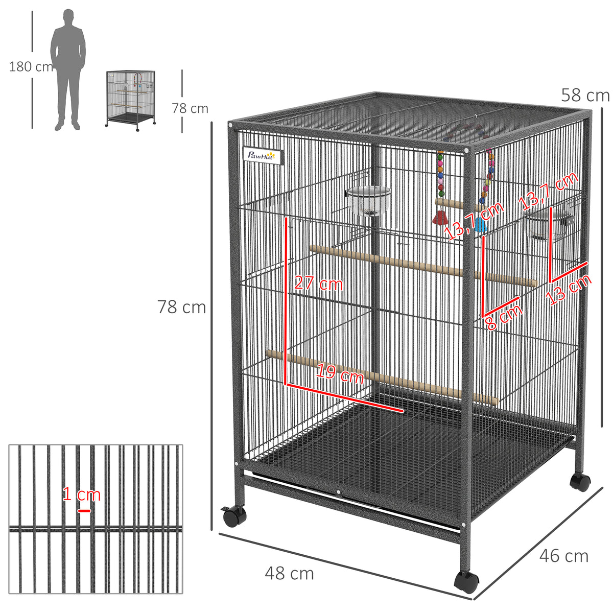 Cage oiseau sur pied cage sur roulettes avec balançoire, perchoirs et plateau coulissant 48 x 46 x 78 cm en acier noir