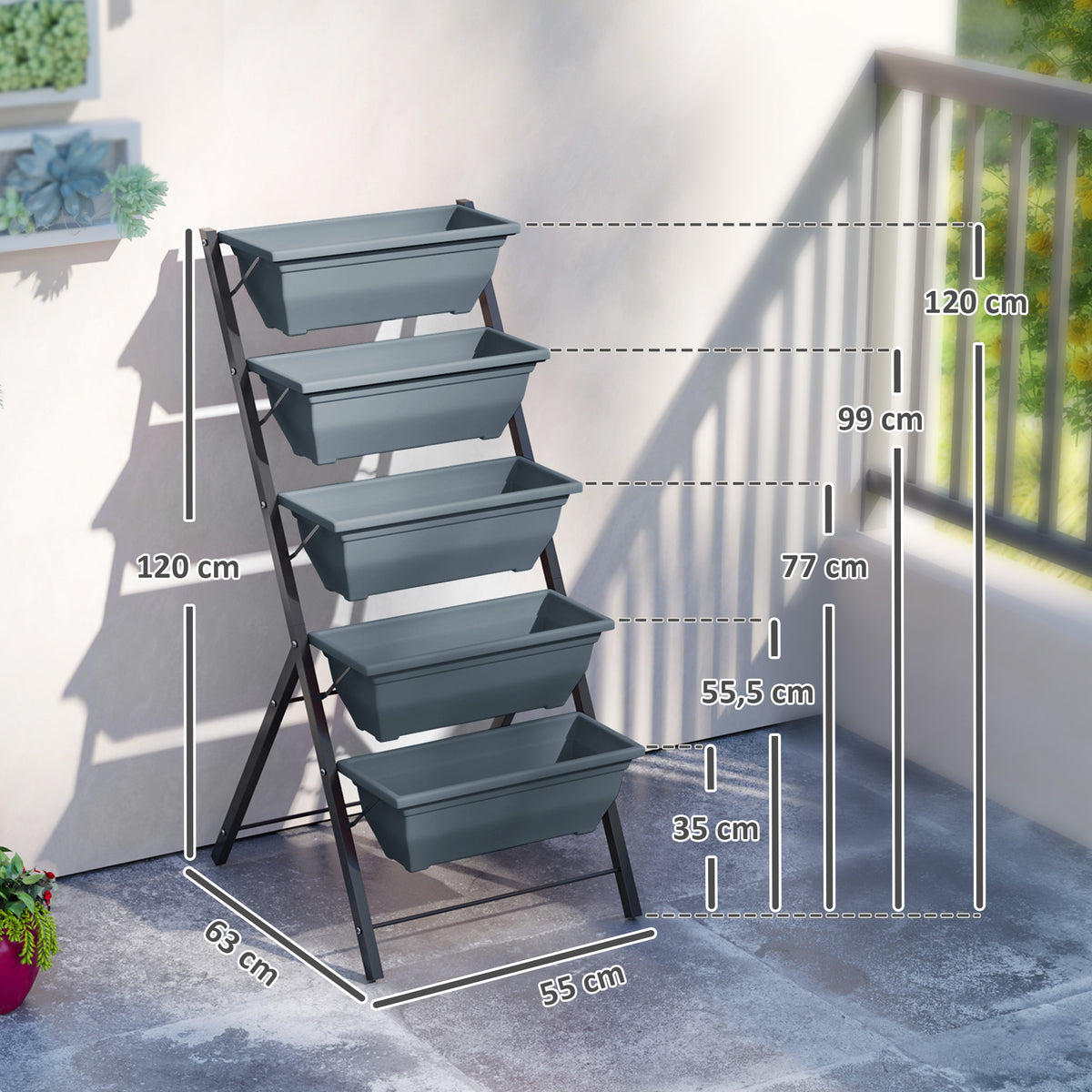 Jardinière surélevée avec étages jardinière verticale avec 5 bacs à fleurs trous de drainage cadre en acier gris