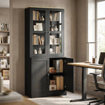 Bibliothèque vitrine, meuble de rangement à 6 niveaux avec 4 portes dont 2 en verre trempé, étagères réglables, noir