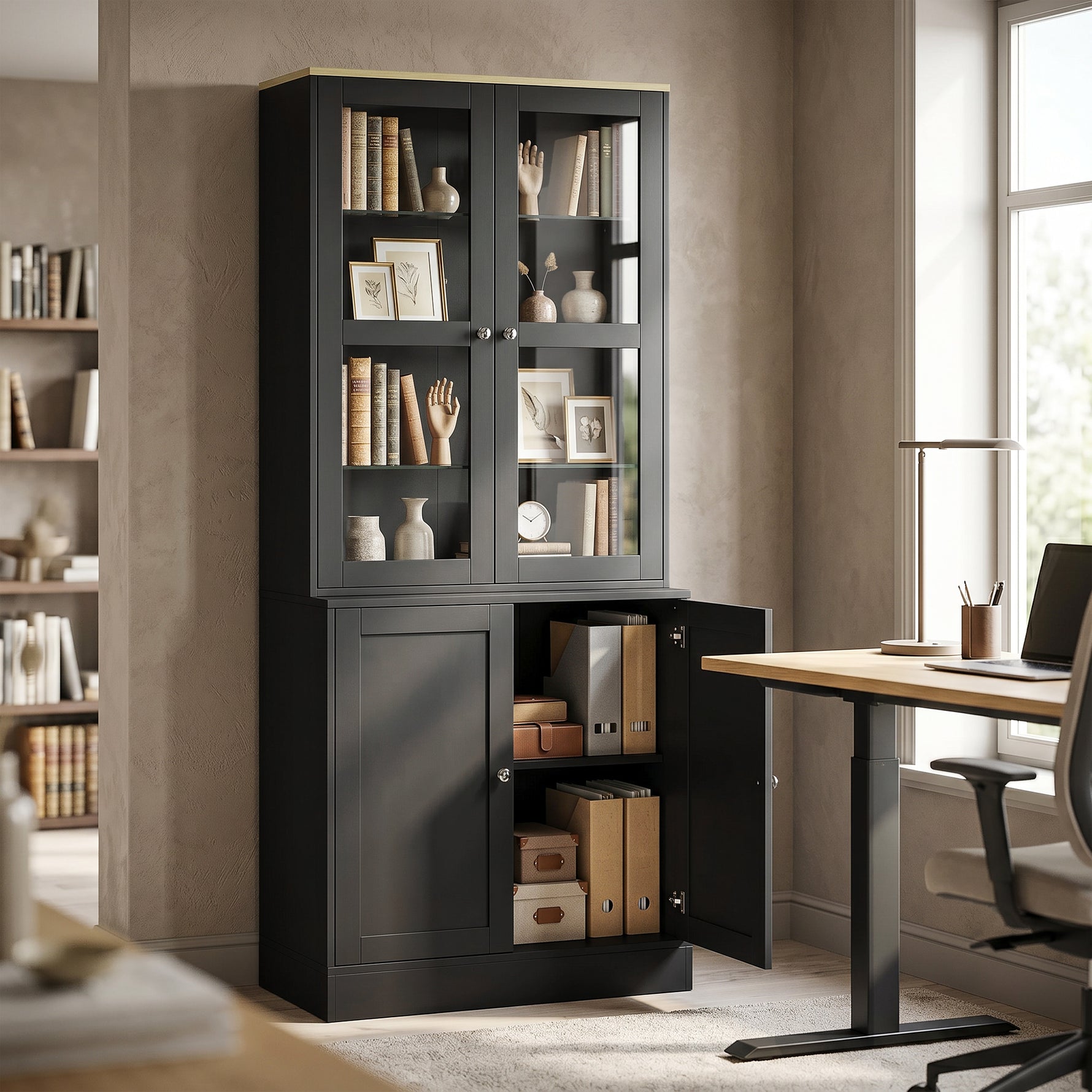 Bibliothèque vitrine, meuble de rangement à 6 niveaux avec 4 portes dont 2 en verre trempé, étagères réglables, noir
