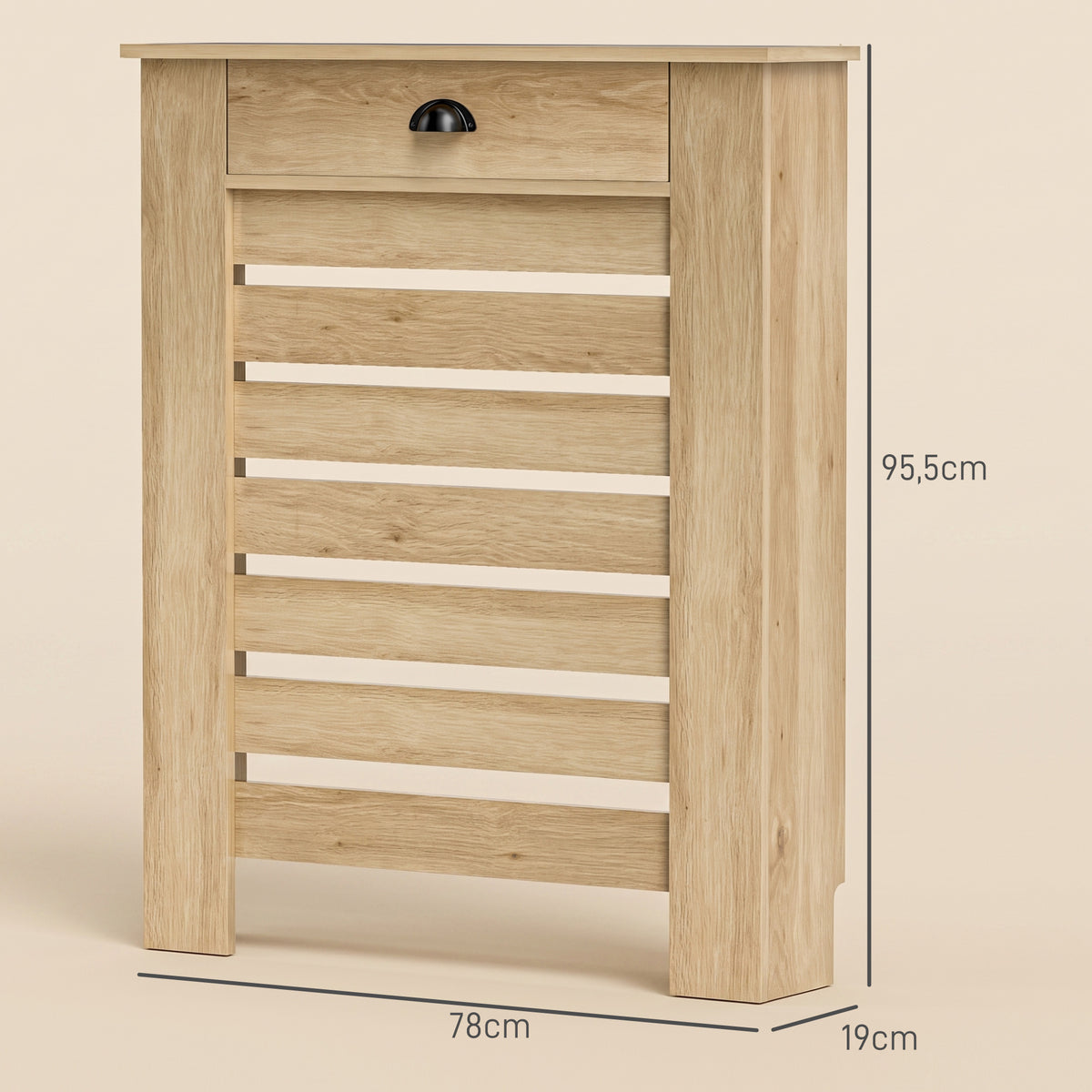 Couvercle de radiateur cache radiateur grille à lattes horizontales avec 2 tiroirs en bois 78l x 19P x 95,5H cm chêne