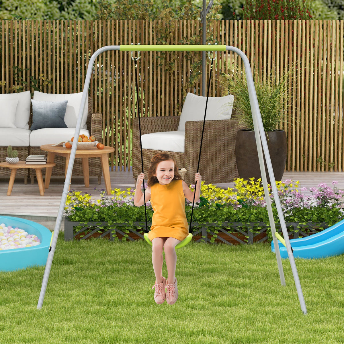 2-in-1 baby swing set with 5-point safety harness for indoor and outdoor use, green
