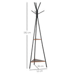 Porte-manteau trépied style industriel branches 2 étagères + 6 patères dim. 52L x 46l x 182H cm métal noir